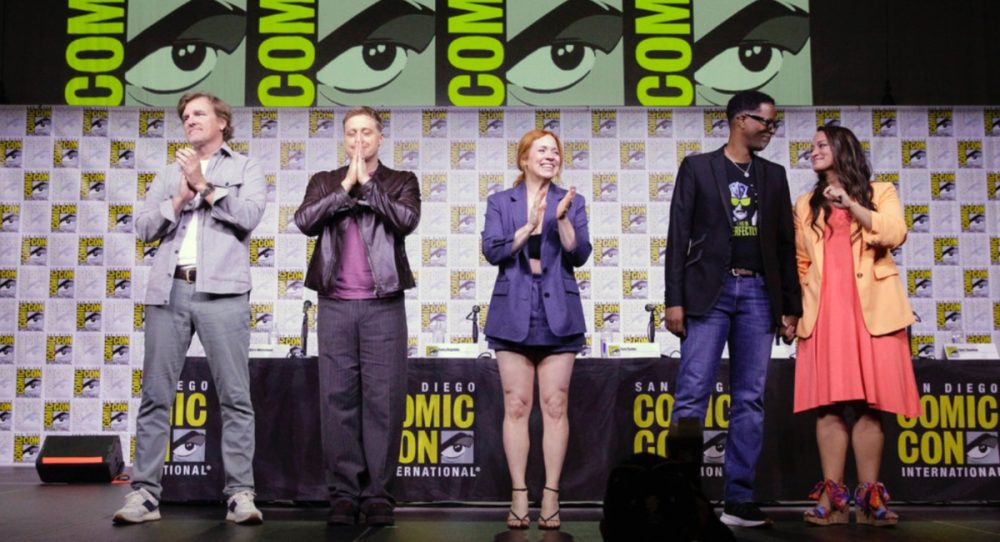 COMIC-CON INTERNATIONAL: SAN DIEGO 2025 -- “USA’s ‘Resident Alien’ Season 4 Panel at Comic-Con" -- Pictured: (l-r) Chris Sheridan, Showrunner / Executive Producer; Alan Tudyk, Alice Wetterlund, Corey Reynolds, Sara Tomko