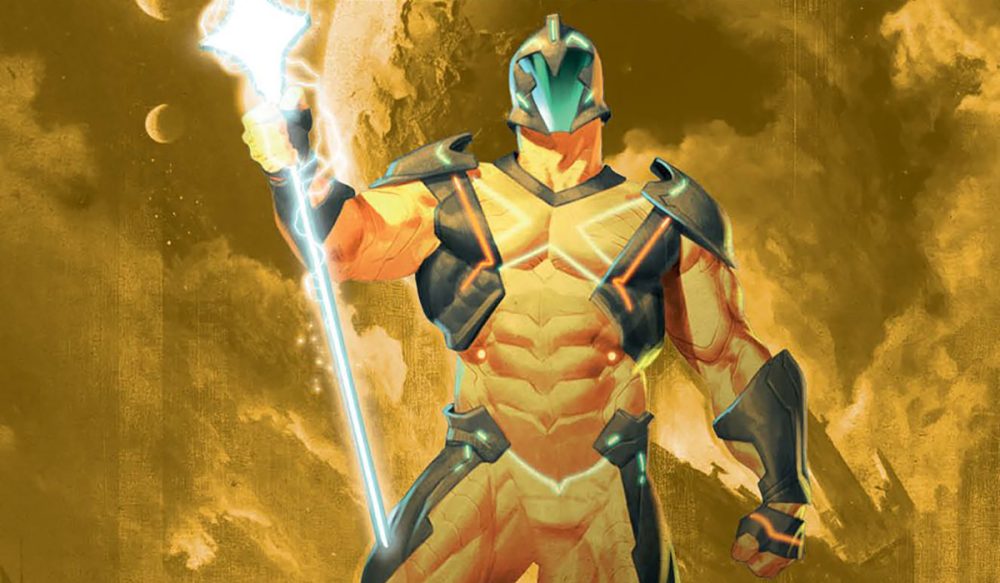 X-O Manowar on a stylized golden background